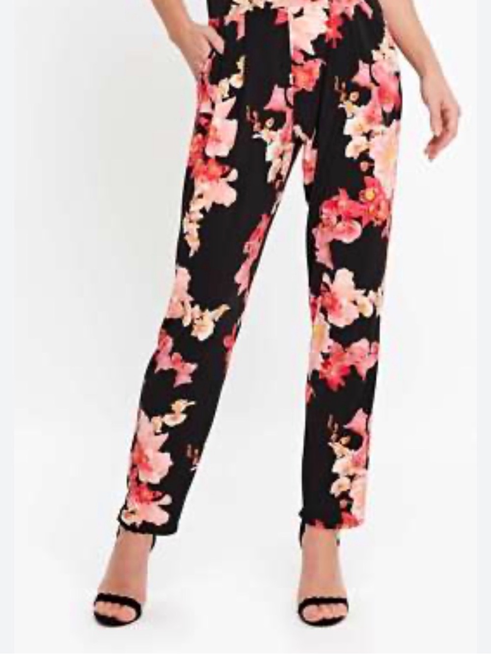 LOFT Black Straight-Leg Pants with Pink Floral Print